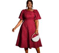 ONTINVA AOMEI Women's Jacquard Rose Irregular Neck Flared Midi Dress Short Puff Sleeve Formal Party Work A-Line Dresses (Red,XL)