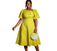 ONTINVA AOMEI Women's Jacquard Rose Irregular Neck Flared Midi Dress Short Puff Sleeve Formal Party Work A-Line Dresses (Yellow,4XL)