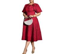 ONTINVA AOMEI Women's Jacquard Rose Irregular Neck Flared Midi Dress Short Puff Sleeve Formal Party Work A-Line Dresses (Red,3XL)