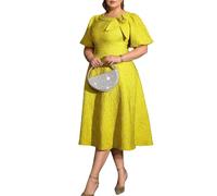 ONTINVA AOMEI Women's Jacquard Rose Irregular Neck Flared Midi Dress Short Puff Sleeve Formal Party Work A-Line Dresses (Yellow,L)