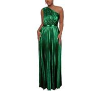 ONTINVA Cocktail Dresses for Women Luxury Metallic One Shoulder Sleeveless Elegant Pleated Evening Maxi Dresses (XL,Dark Green)