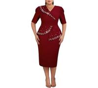 ONTINVA Spring Wedding Guest Dresses Wine Beaded Peplum Wrap V Neck Midi Cocktail Plus Size Dresses for Curvy Women