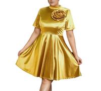 ONTINVA Women Gold Short Sleeve Satin Dress Ruffled Rose Flowy A Line Formal Cocktail Short Dresses (Gold,3XL)
