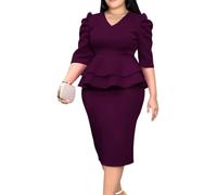 ONTINVA Women V-Neck Plus Size Peplum Dress Church Wear to Work Bodycon Short Sleeve Midi Dresses, Darkpurple, M