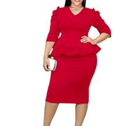 ONTINVA Women V-Neck Plus Size Peplum Dress Church Wear to Work Bodycon Short Sleeve Midi Dresses, Red, M