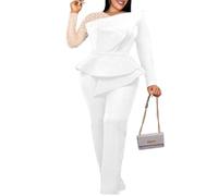 ONTINVA Women's Mesh Patchwork Bead Irregular Long Sleeve Peplum High Waist Jumpsuits, White, M