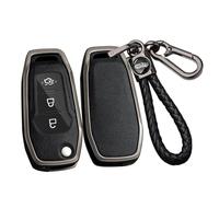 ontto Alloy Car Key fob Cover Fit for Ford Figo 2017 Mondeo 5 Ecosport Puma 2020 Fiesta Mk8 Everest Ranger 3 Buttons Flip Leather Key case Shell key holder keyring keychain accessories Black