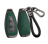 ontto Alloy Car Key fob Cover Fit for Ford Kuga Focus Mk3 Mk4 Mondeo Fiesta Titanium Ecosport Transit MK8 Smart Leather Key case Shell key holder keyring keychain protector accessories Black-green