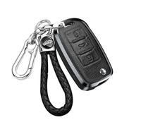 ontto Alu Car Key fob Cover Keychain fit for VW Bora Beetle Tiguan Passat B5 B6 MK5 6 Jetta Eos SEAT Sagitar Golf 6 Leather 3 buttons Flip Smart Key Shell Case key holder keyring accessories Black