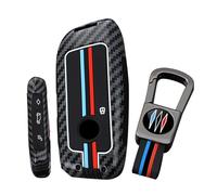 ontto Car Key Cover fit for BMW 740i 760i X1 iX1 iX XM X5 X6 X7 218i 220i 223i Active Tourer 2024 2025 Carbon Fiber Metal Key Fob Holder Case Keychain Keyring Shell Accessories 4 buttons-Red Blue 1