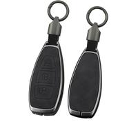 ontto Car Key Fob Cover Case fit for Ford Fiesta Focus Galaxy Fusion Mondeo B-Max C-Max S-Max MK3 MK5 Kuga Ecosport Key holder Metal Leather Shell bag keyring keychain accessories-Black 1
