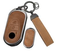 ontto Car Key Fob Cover Case fit for Mercedes benz EQE 350 S580 C300 C-Class S-Class G-Class E-Class 2020-2024 Smart Key holder Metal Leather Shell bag keyring keychain protector accessories Brown A