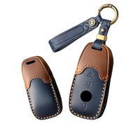 ontto Car key fob cover fit for Mercedes Benz A C E-Class E300 E400 E63 S-Class CLA GLA GLE GLC GLK AMG leather key holder handmade contrast color Shell case keyring keychain Accessories Blue B