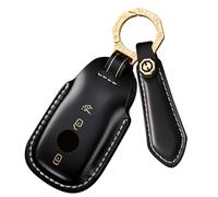 ontto Leather Car Key fob Cover Fit for Mercedes Benz E C S GLC Class E200 E400 E63 W213 S550 S560 C260 A200 Shell Cordovan Smart key holder Case keyring keychain accessories 3 buttons Black