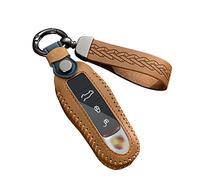 ontto Leather Car key fob cover fit for Porsche 911 Carrera GT Turbo S Boxster Cayenne Cayman Macan Panamera Keychain Keyring Accessories key bag key holder Protector Brown A
