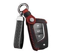 ontto Leather Car key fob cover fit for Toyota Aygo Yaris Corolla Auris Avensis Hilux Rav4 2010-2020 Flip key case Keychain Keyring Accessories key bag key holder key shell Protector Black C