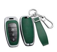 ontto Metal Car Key fob Cover Fit for Hyundai Solaris Sonata Hybrid NEXO NX4 New Grand Santa Fe Tucson 2021 2022 2023 Leather Key case Shell key holder keyring keychain accessories Silver-green