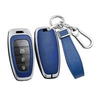 ontto Metal Car Key fob Cover Fit for Hyundai Solaris Sonata Hybrid NEXO NX4 New Grand Santa Fe Tucson 2021 2022 2023 Leather Key case Shell key holder keyring keychain accessories Silver-blue