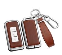 ontto Metal Car Key fob Cover Fit for Mitsubishi L200 ASX Outlander Eclipse Cross Pajero Sport Lancer Xpander Triton Leather Key case Shell key holder keyring keychain accessories Silver-brown