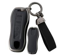 ontto Metal Key Fob Cover Shell Leather Car Key Case Holder Fit for Porsche 911 Carrera 918 Cayenne Coupe for Macan 2018-up, Type-b-keychain Black