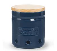 ONTUBE Garlic Keeper with Wooden Lid, 4.5-Inch Ceramic Garlic Holder Storage, Garlic Container for Kitchen, Garlic Saver to Keep Your Garlic Cloves Fresh Longe 24 oz, Navy