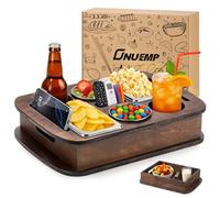 ONUEMP Wood Couch Snack Box, with 4 PCS 304 Stainless Steel Trays，Detachable Magnetic Lid, Ergonomic Cup Holders, Snack Organizer Couch Storage for Chips, Nuts, Candy, Drinks (Carbon Grey)