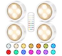 Onumii Puck Lights with Remote & Timer, Under Cabinet Kitchen LED Lights - RGB Coloured Display, 4 Pack - White