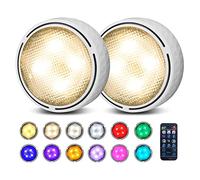 Onumii Under Cabinet Kitchen LED Lights Battery Powered, Stick-on Wardrobe Under Counter Lighting, Remote Control RGB Puck Lights, 2 Pack - White
