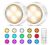 Onumii Under Cabinet Kitchen Lights Battery Powered LED Cupboard Lights, Stick on Wardrobe Wireless Counter RGB Coloured Puck with Remote Control, 2 Pack - White, (T048)