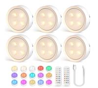 Onumii Under Cabinet Kitchen Lights Rechargeable LED Puck Lights with Remote Magnetic Under Cupboard Lights, Stick on Wardrobe Lights Under Counter Lights Wireless Battery Lights, 6 Pack - White
