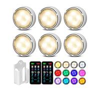 Onumii Under Cupboard Battery Operated LED Cabinet Light - RGB Puck Under Counter Lighting With Remote Control, 6 Pack - White