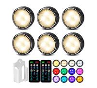 Onumii Under Cupboard Kitchen Lights Battery Operated LED Under Cabinet Lighting, Stick on Wardrobe Lights Under Counter with Remote Control, RGB Puck Light, 6 Pack - Black