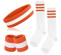 ONUPGO 5 Pieces Striped Sweatband and Socks Set, Striped Headband Sweatbands, Striped High Socks for Men, Women, Sports and 80s Party (Orange/White/Orange)