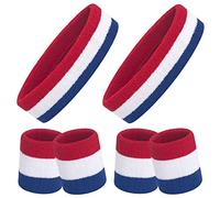 ONUPGO Sweatband Set, Sports Headband Wristband Set (6PCS) Sweatbands Terry Cloth Wristband Wrist Sweatband Headbands Moisture Wicking Sweat Absorbing Head Band (A Red/White/Blue)