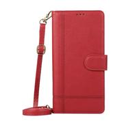 ONV Mirror Wallet Case Compatible with iPhone 13 Pro 6.1" - 1.5M Strap Line Leather Case Card Slot Stand Shockproof Cash Pocket Solid Color Magnetic Flip Cover for iPhone 13 Pro 6.1" [CX] -Red