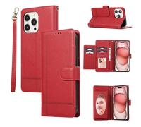 ONV Mirror Wallet Case Compatible with iPhone 8 Plus - Lines Leather Case Card Slot Stand Wrist Strap Shockproof Cash Pocket Solid Color Magnet Flip Cover for iPhone 8 Plus/iPhone 7 Plus 5.5"[CX] -Red