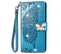 ONV Wallet Case Compatible with iPhone 11 Pro 5.8" - Glitter Butterfly Embossed Leather Folio Case Magnet Card Slot Kickstand Wrist Strap +TPU Shell for iPhone 11 Pro 5.8" [HZD] -Blue