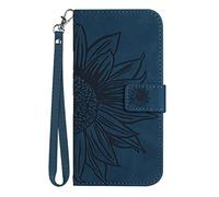 ONV Wallet Case Compatible with iPhone 14 6.1" - Sunflower Flip Leather Case with Embossment Card Slot Shockproof Kickstand Magnetic Wrist Cover for iPhone 14 6.1" [HT] -Blue i-T