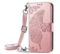 ONV Wallet Case Compatible with Samsung Galaxy S22 - Crossbody Long Lanyard Butterfly Embossed Leather Folio Case Magnetic Card Slot Kickstand +TPU Shell for Samsung Galaxy S22 [HZD] -Rosegold