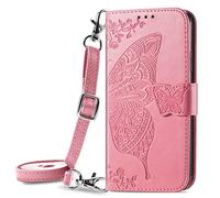 ONV Wallet Case Compatible with Samsung Galaxy S22 - Crossbody Long Lanyard Butterfly Embossed Leather Folio Case Magnetic Card Slot Kickstand +TPU Shell for Samsung Galaxy S22 [HZD] -Pink