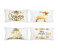 ONWAY Christmas Decorations Gold White Throw Pillow Covers 12x20 Set of 4 Snowflakes Reindeer Decorative Cushion Cases Xmas Golden Decor for Couch Sofa Bedroom