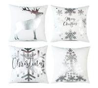 ONWAY Christmas Decorations Silver White Throw Pillow Covers 18x18 Set of 4 Snowflakes Reindeer Decorative Cushion Cases Xmas Decor for Couch Sofa Bedroom