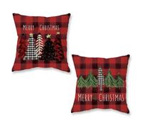 ONWAY Christmas Pillow Covers 16x16 Inch Set of 2 Trees Red Black Green Red Buffalo Plaid Decorative Pillowcases Winter Holiday Cushion Cases for Christmas Decorations