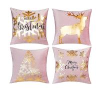 ONWAY Pink Gold Christmas Decorations Throw Pillow Covers 18x18 Set of 4 Snowflakes Reindeer Decorative Cushion Cases Xmas Golden Decor for Couch Sofa Bedroom