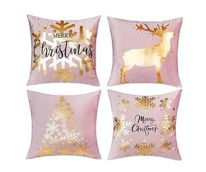 ONWAY Pink Gold Christmas Decorations Throw Pillow Covers 18x18 Set of 4 Snowflakes Reindeer Decorative Cushion Cases Xmas Golden Decor for Couch Sofa Bedroom