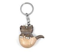 Onwomania Dinosaur Triceratops in Egg Handmade Wooden Keyring Lucky Charm in Aluminium Gift Box, Ideal as a Gift, brown, One Size