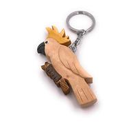 Onwomania Wooden keychain cockatoo parrot bird on branch feather bonnet parakeet pendant charm