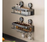 ONXE Suction Cup Spice Rack,2 Pack No-trace Seasoning Organizer with 5 Hook Rack/Hangers for Walls,Cabinet,Refrigerator,Oven,No Damage Pantry Organizers Storage Shelf,Home and Kitchen Gadgets(15.7in)