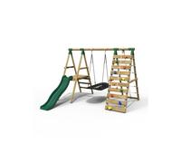 Rebo Wooden Swing Set With Deck And Slide Plus Up And Over Climbing Wall - Onyx Green