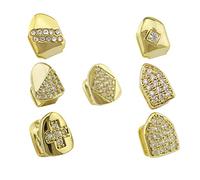 OOCC 7 Pcs Iced Out Diamond Teeth Grillz for Hip Hop Grills for Your Teeth Top and Bottom, Rapper Costume Cosplay Teeth Jewelry and Accessories - for Photo Video Shoots, Clubbing, Brass, Goldstone